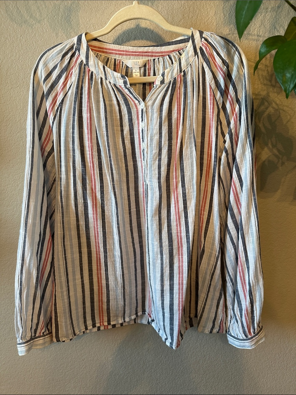 Time and Tru Striped Button-Neck Peasant Top in Navy, Coral & Cream